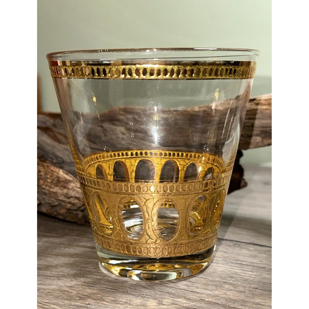 Culver LTD 22K Gold Roman Arch Lowball Glass 4” Mid Century Barware Heavy Base